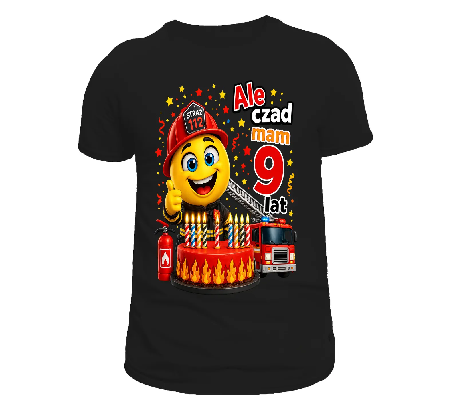 T-Shirt Czarny Ale czad mam 9 lat Strażak
