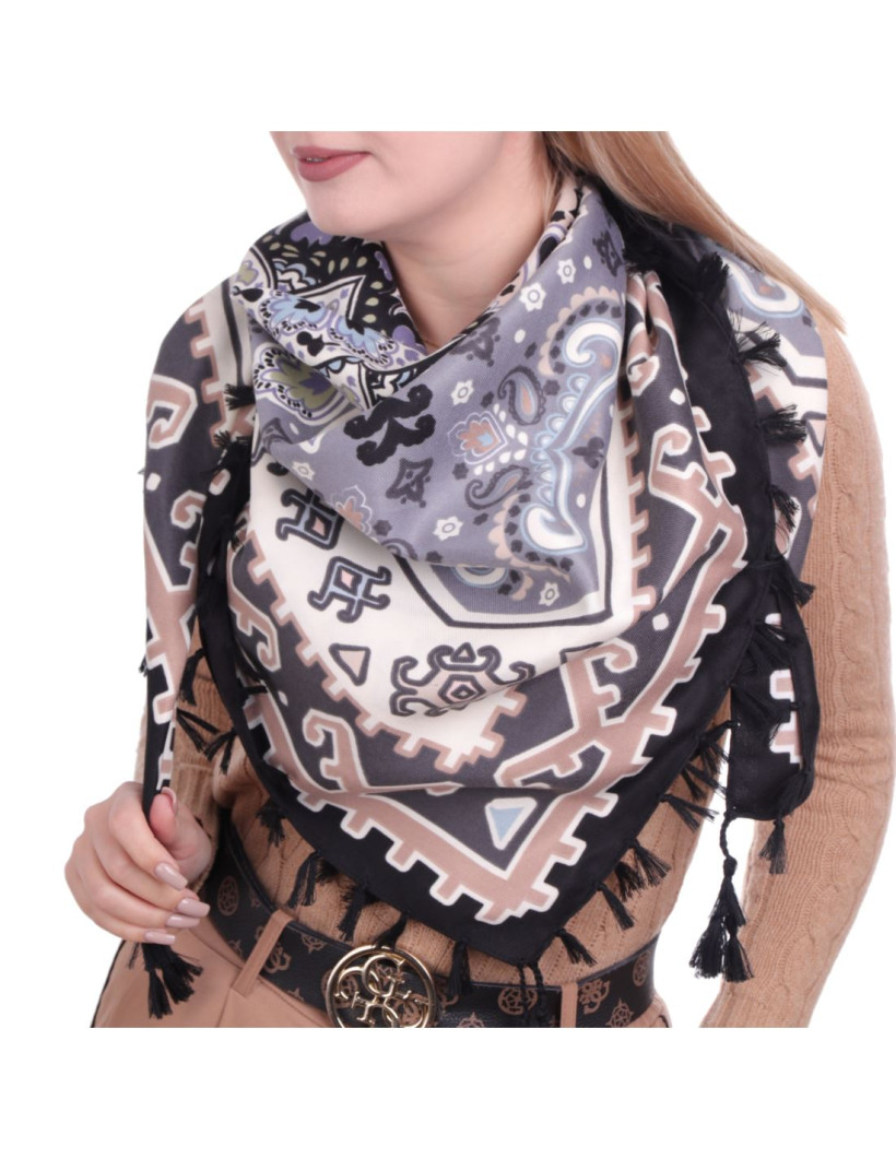 Chusta damska szal apaszka z frędzlami - WZORY - SZARY/BEŻ  - M509