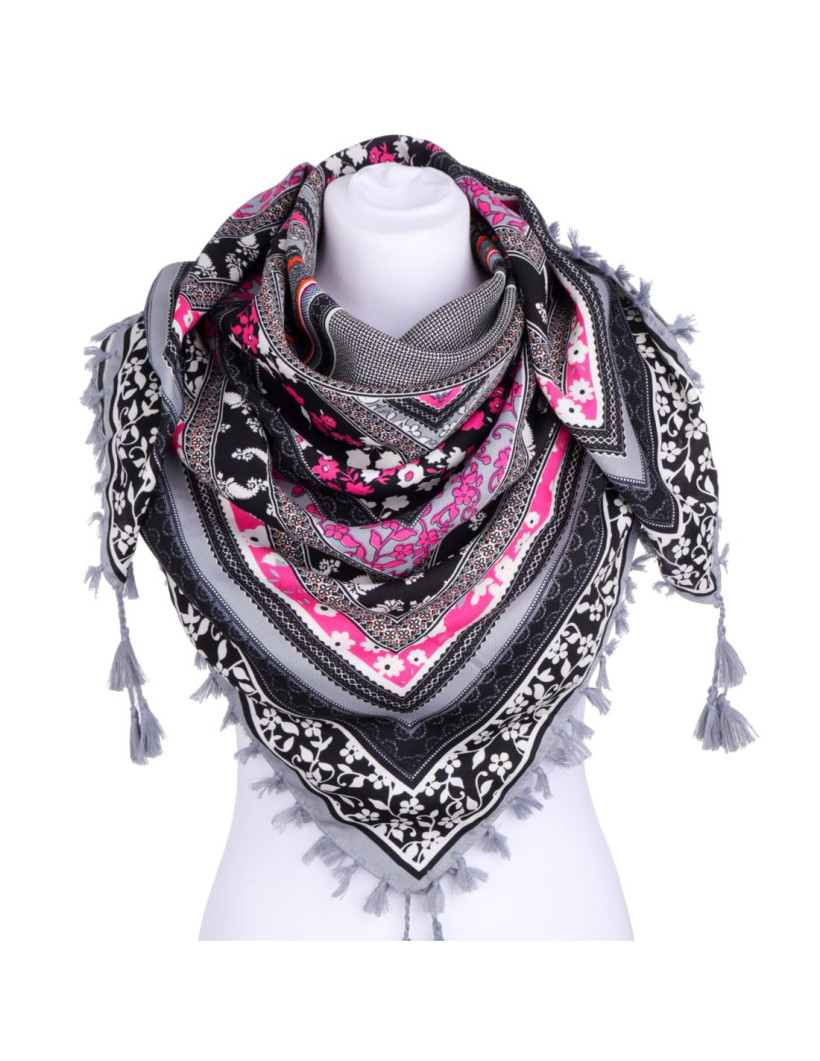 Chusta damska szal apaszka z frędzlami - CZARNY/FUKSJA - M510