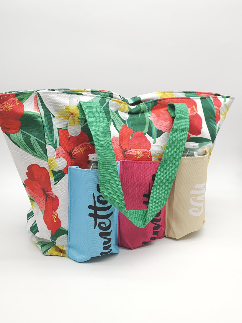 SAC DE PLAGE ROSE FLEURI VERT