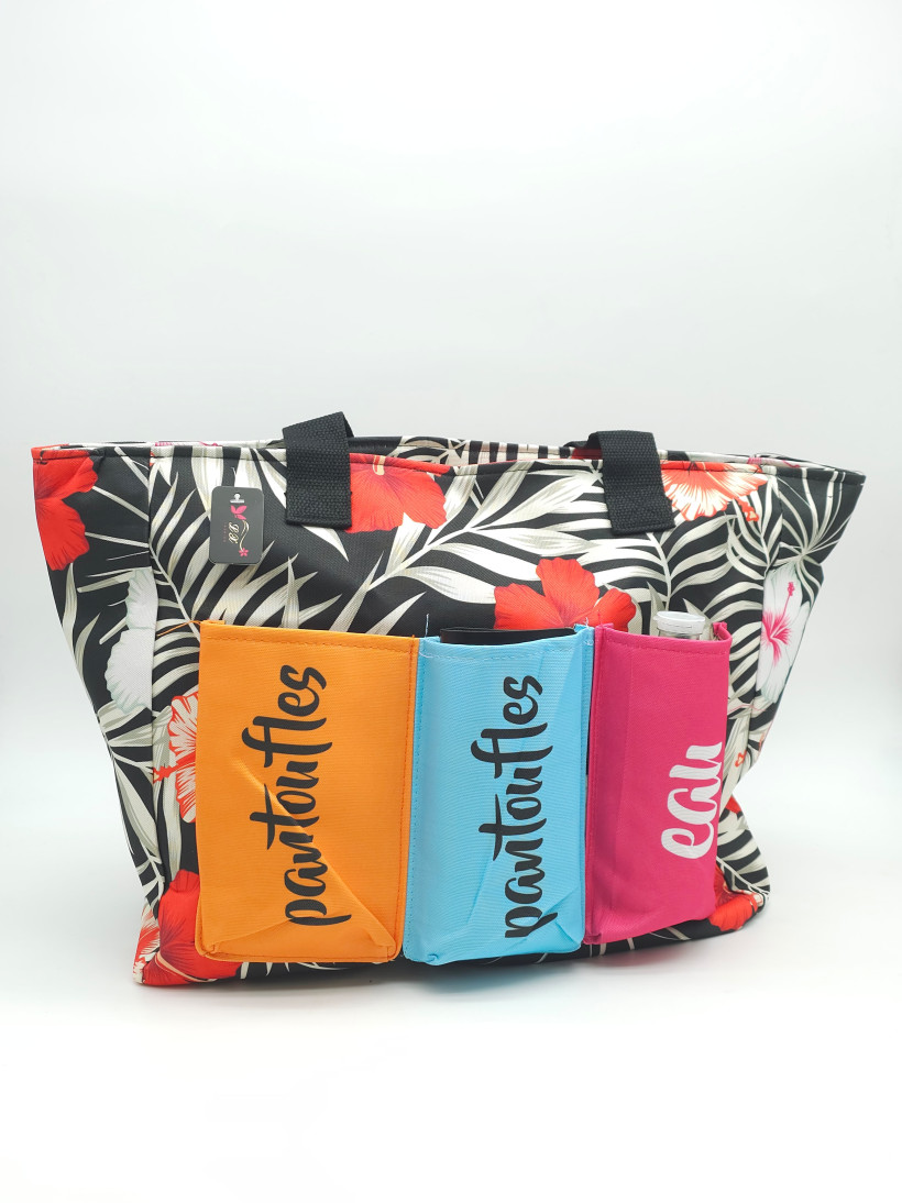 SAC DE PLAGE ROSE FLEURI NOIR