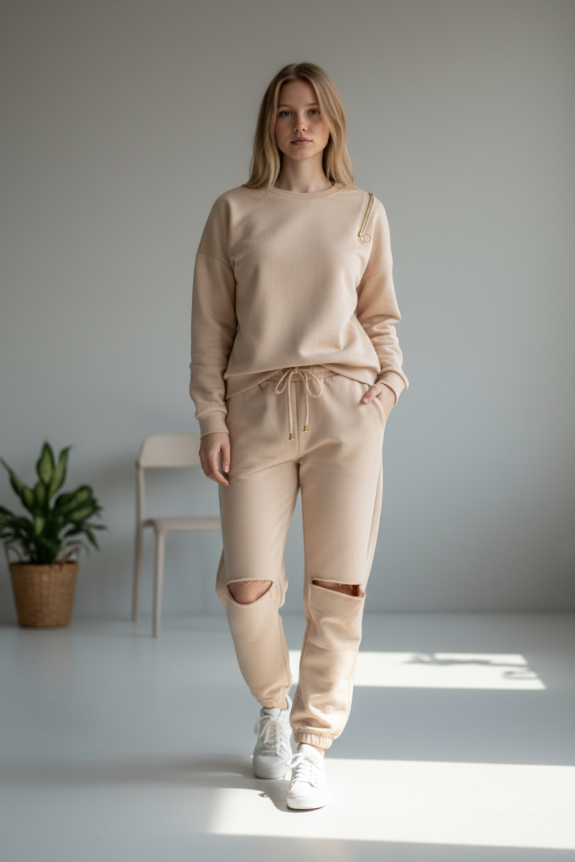 KOMPLET DRESOWY BEŻOWY DŁUGIE SPODNIE WYCIĘTE KOLANA 