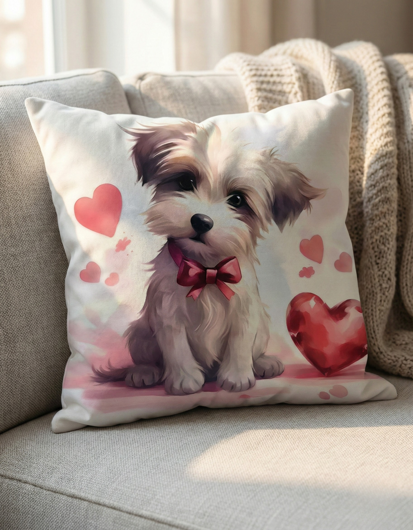 Poszewka walentynkowa dwustronna 40x40cm Terrier z Czerwoną Kokardą