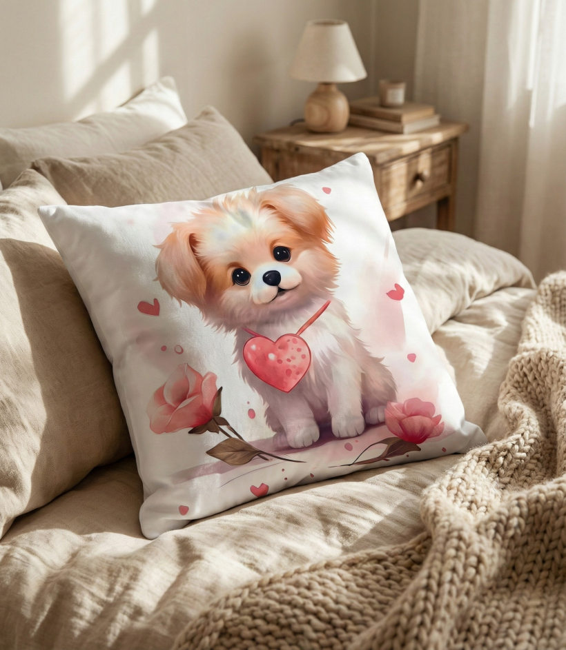 Poszewka walentynkowa dwustronna 40x40cm Szczeniak z różą