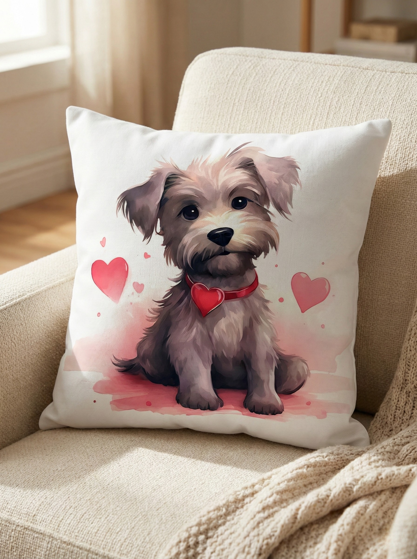 Poszewka walentynkowa dwustronna 40x40cm Terrier z serduszkiem