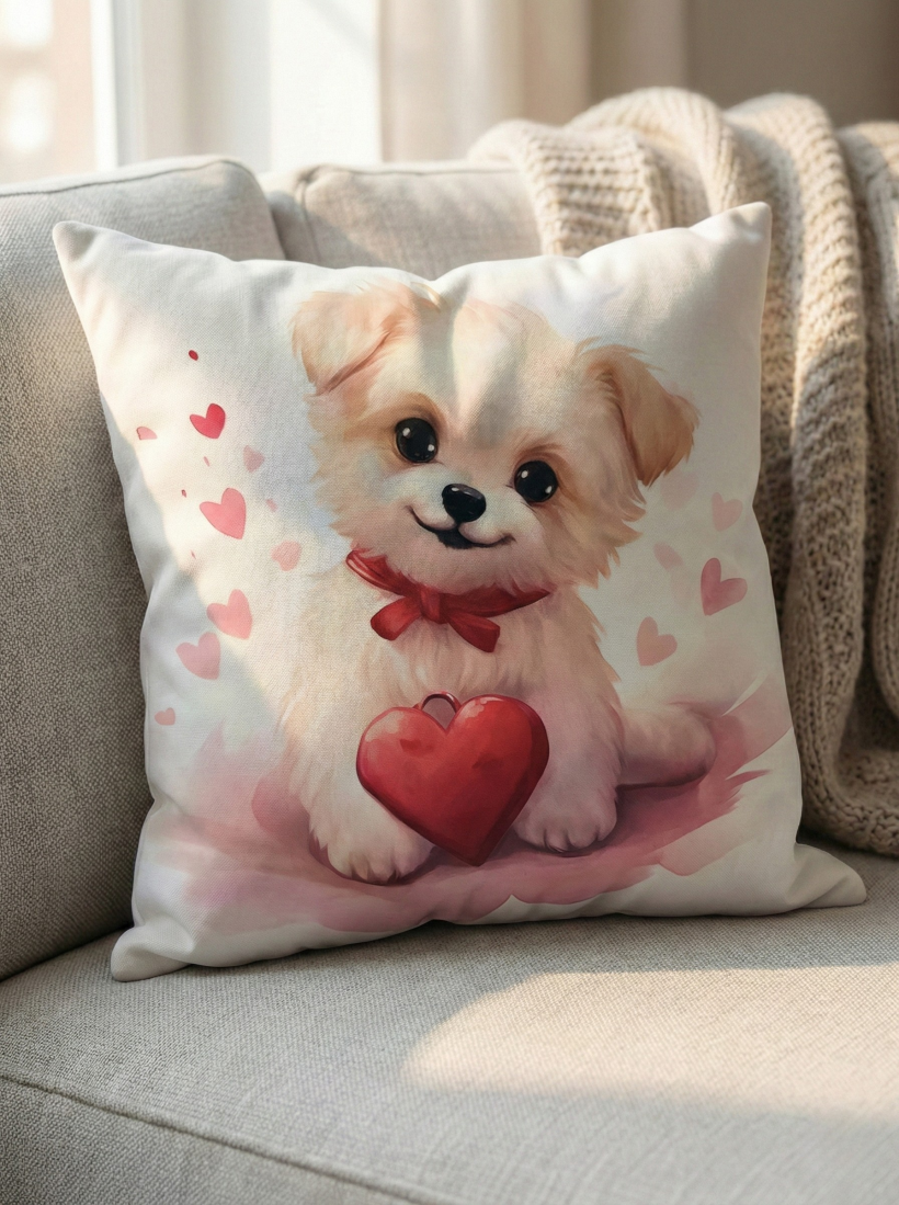 Poszewka walentynkowa dwustronna 40x40cm Piesek z czerwonym sercem