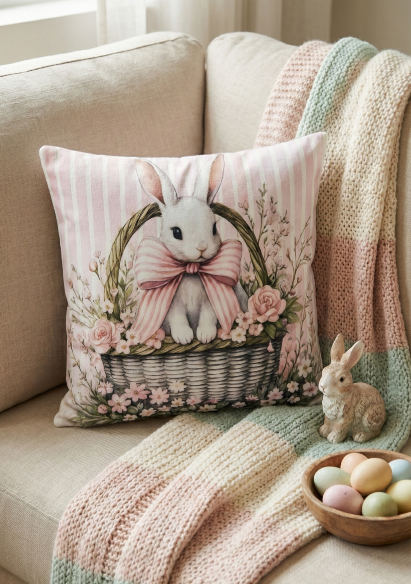 Poszewka wielkanocna dwustronna 40x40cm Zajączek w koszyku WN