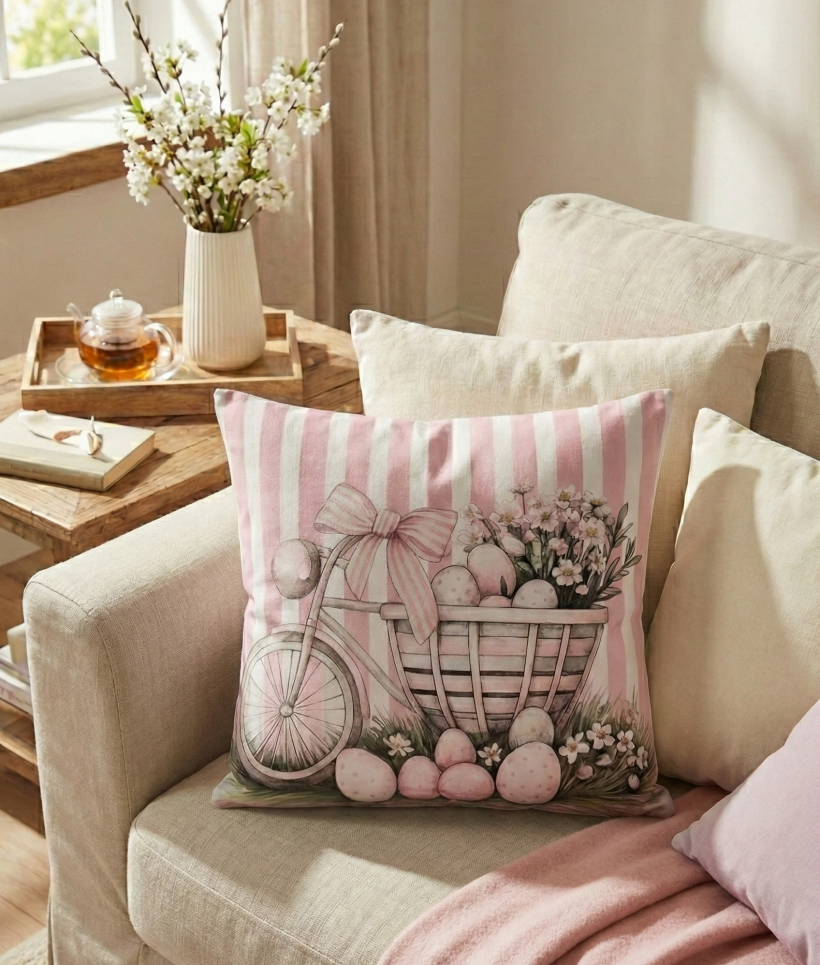 Poszewka wielkanocna dwustronna 40x40cm Rower z koszykiem WN