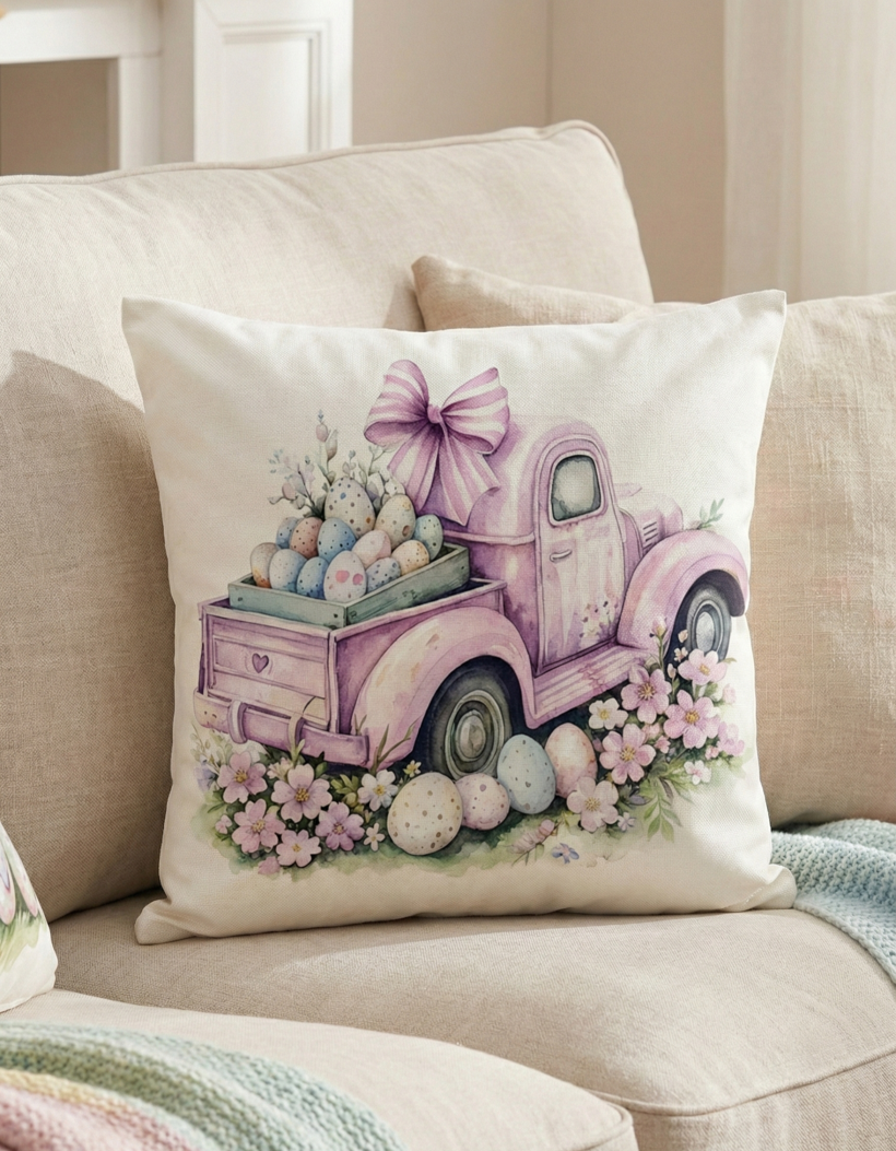 Poszewka wielkanocna dwustronna 40x40cm Ciężarówka z pisankami WN