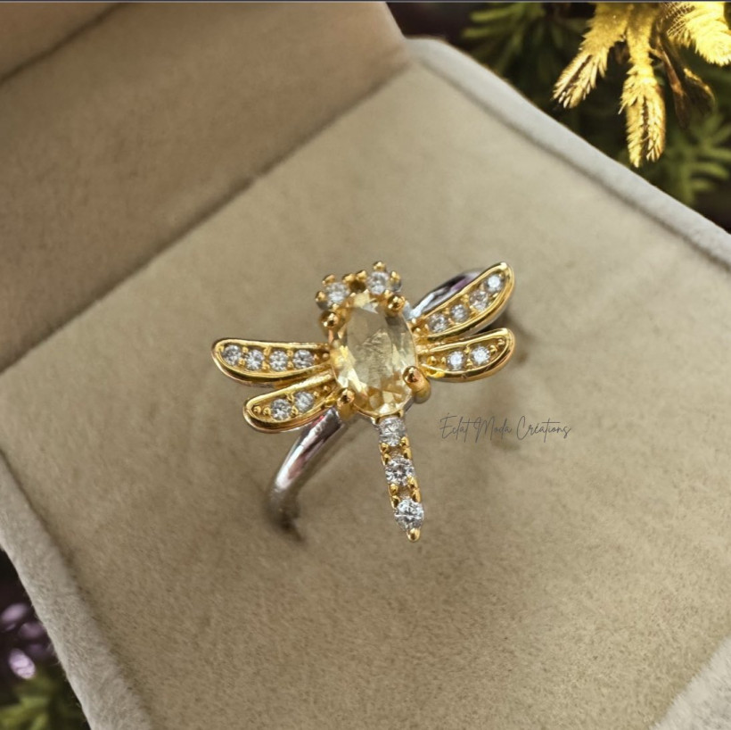 Bague argent 925 libellule citrine