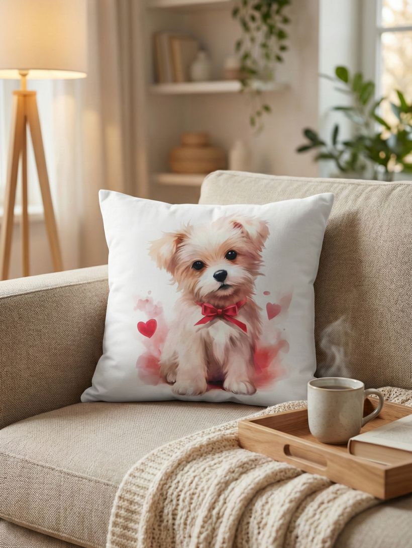 Poszewka walentynkowa dwustronna 40x40cm Piesek akwarela