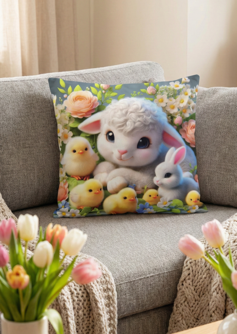 Poszewka wielkanocna dwustronna 40x40cm Baranek z kurczaczkami WN