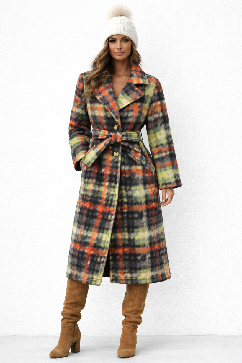 PŁASZCZ WIĄŻANY KRATKA  FLAUSZOWY 