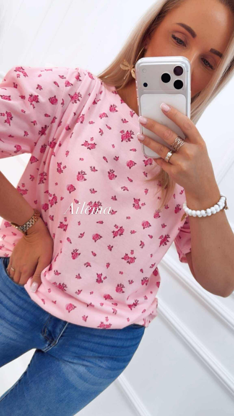 Bluzka okrągły dekolt BL87 kwiatuszki, bufiasty rękaw 