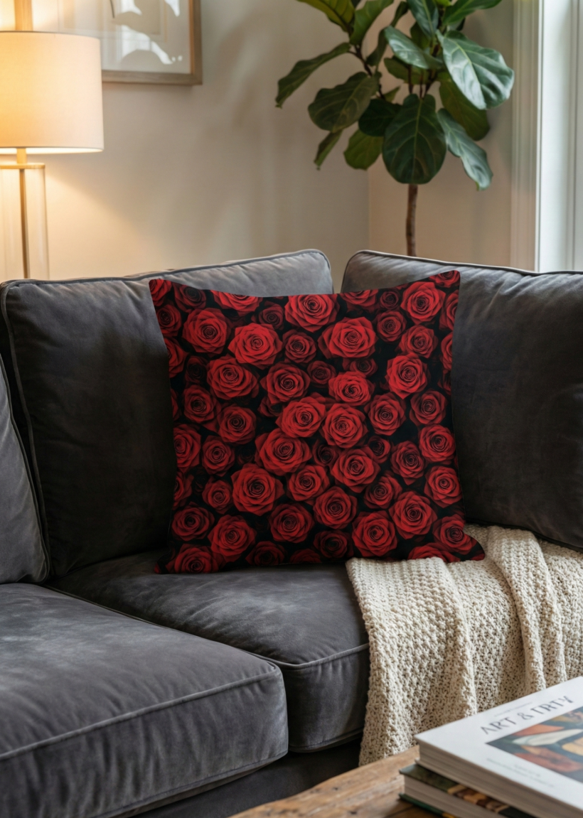 Poszewka welurowa dwustronna 40x40cm Bukiet czerwonych róż