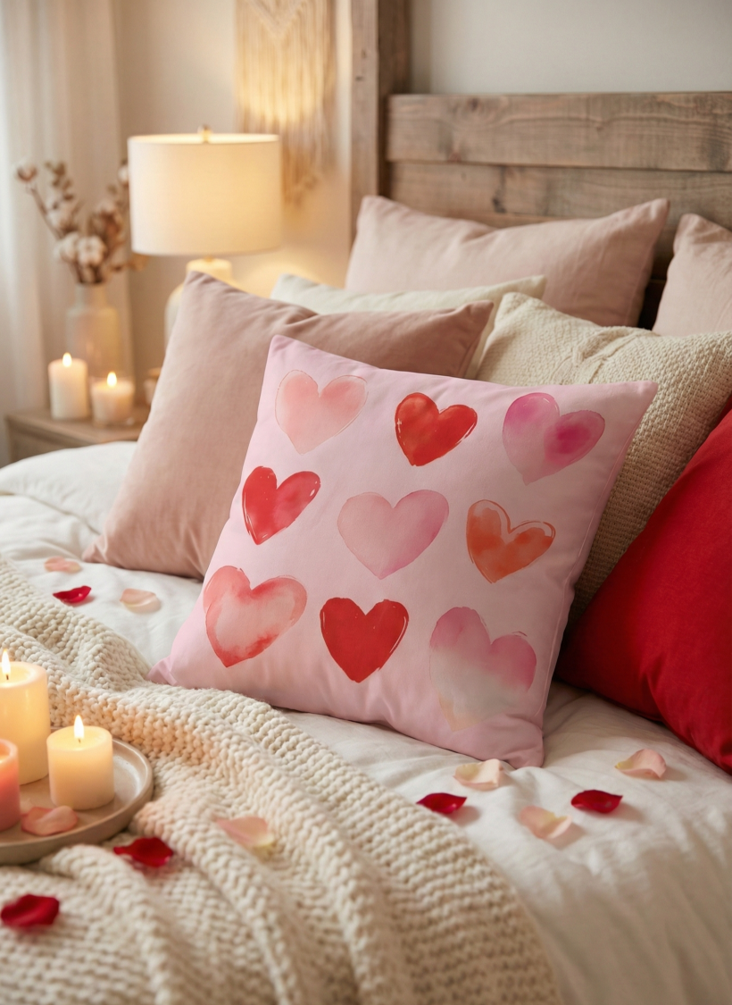 Poszewka walentynkowa dwustronna 40x40cm Malowane serca na różowym tle