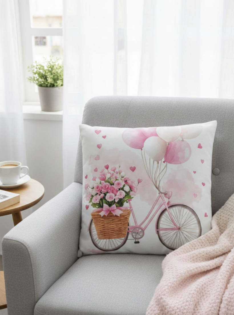 Poszewka walentynkowa dwustronna 40x40cm Rower z bukietem róż