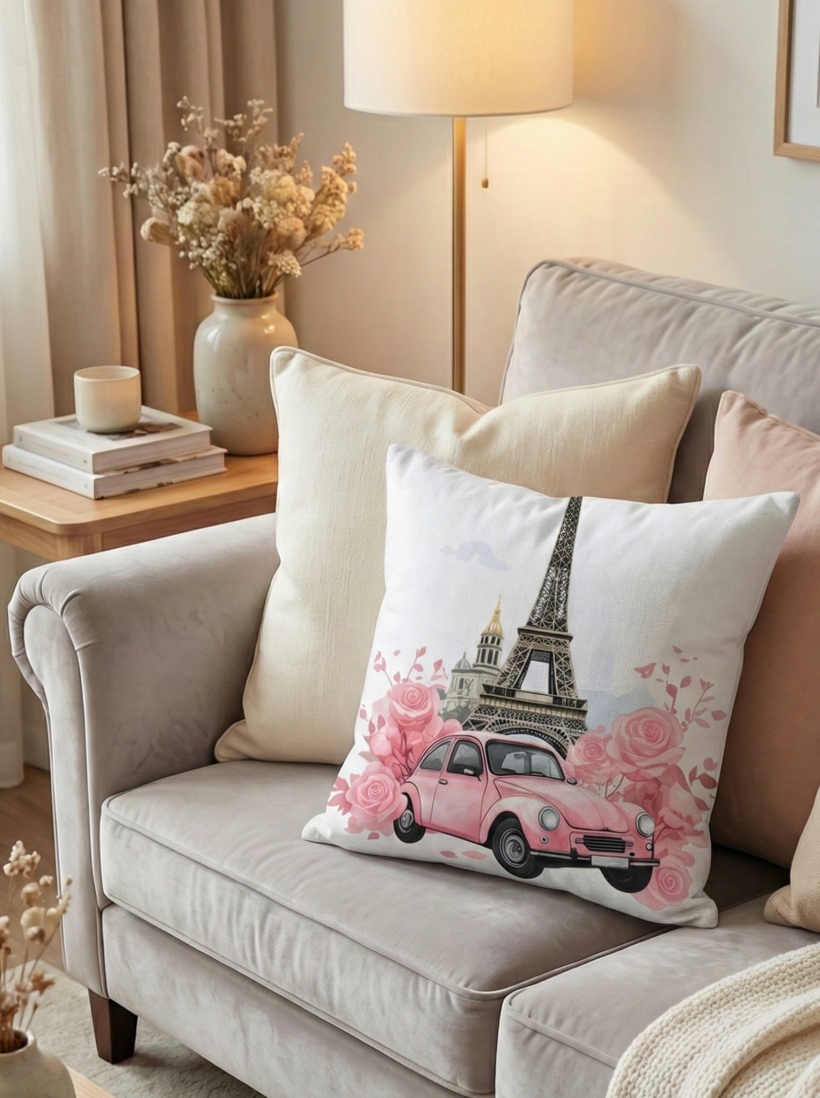 Poszewka walentynkowa dwustronna 40x40cm Różowy garbus w Paryżu