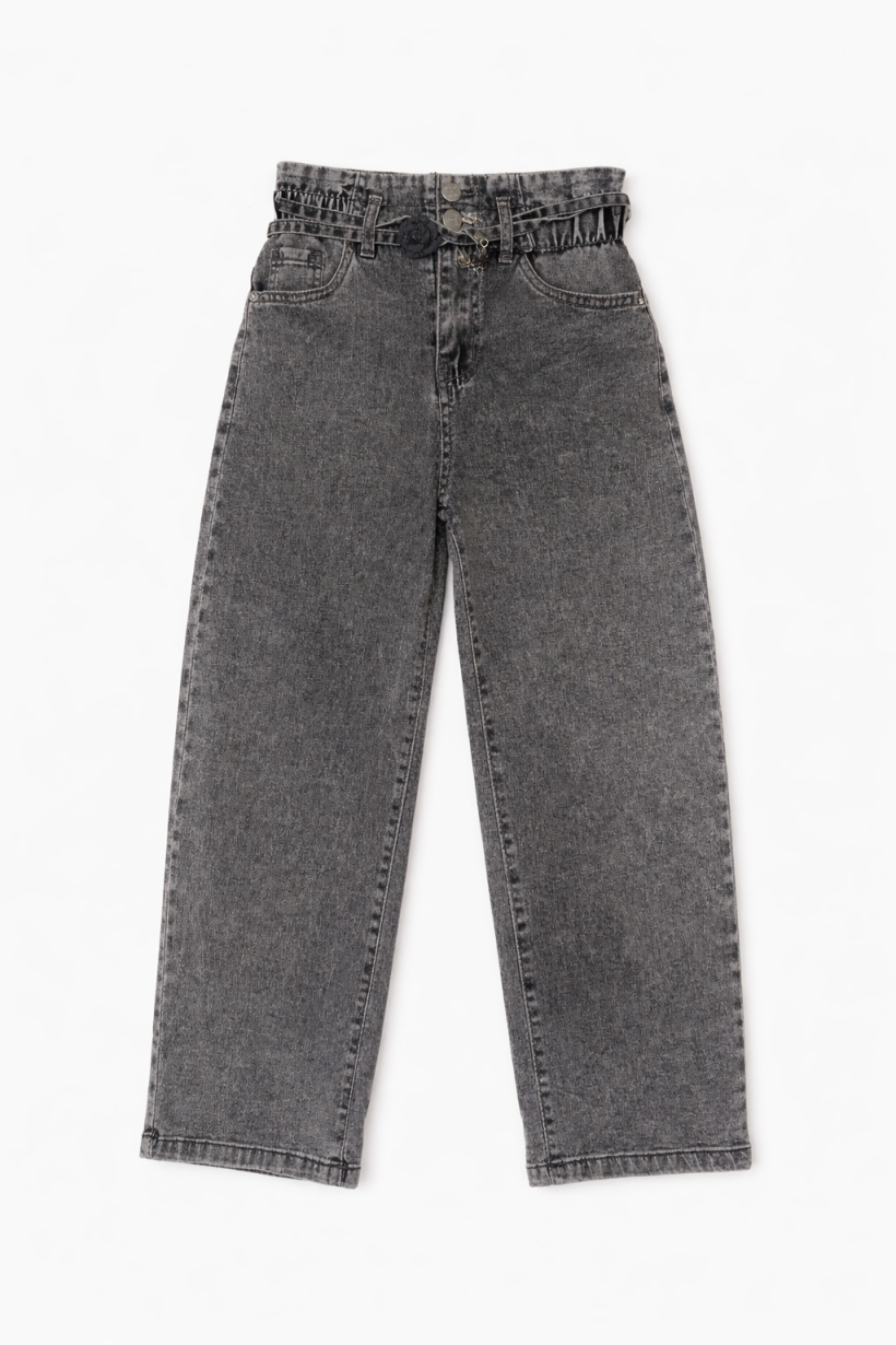 Spodnie  JEANS pasek wiązany  z różą LL-927-GRAFIT 