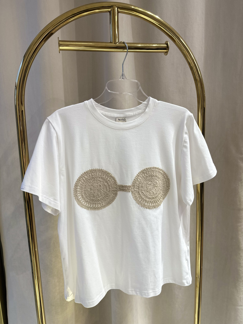 BY O LA LA TSHIRT BIAŁY BOHO APLIKACJA
