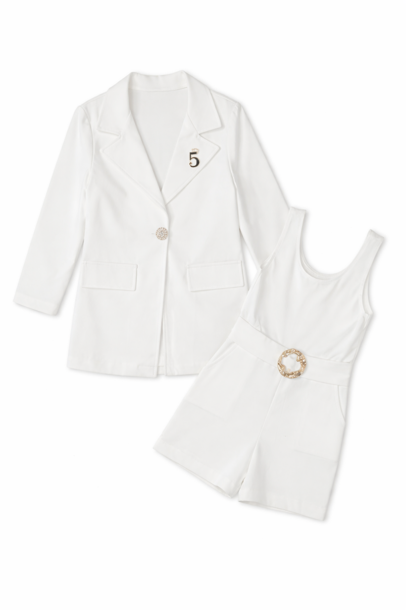 W Komplet Kombinezon Marynarka Broszka "5"0903-BIAŁY