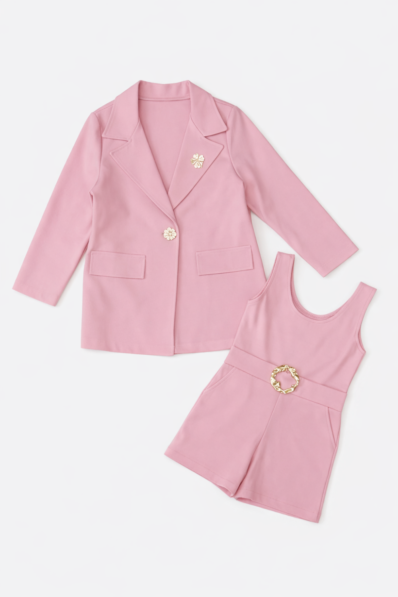 W Komplet Kombinezon Marynarka Broszka Koniczynka0903-CUKIERKOWY RÓŻ