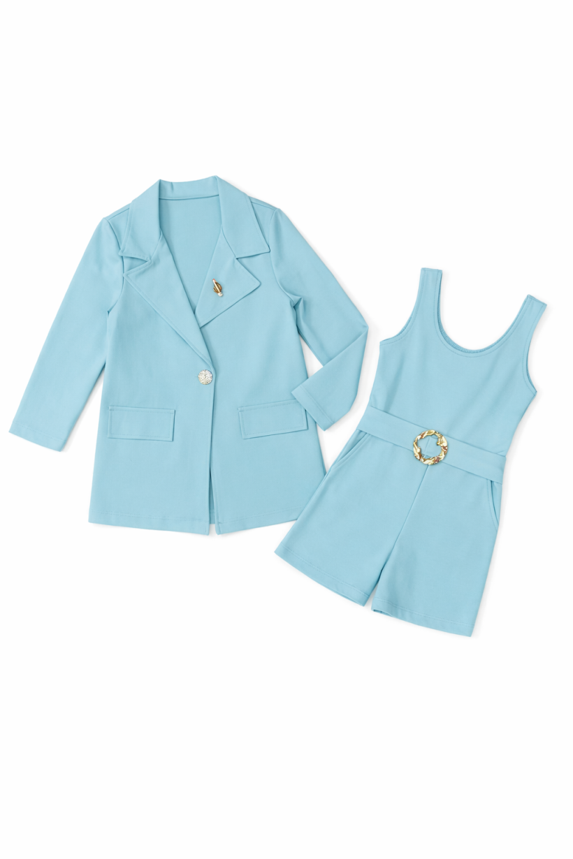 W Komplet Kombinezon Marynarka Broszka Kaktus 0903-BABY  BLUE