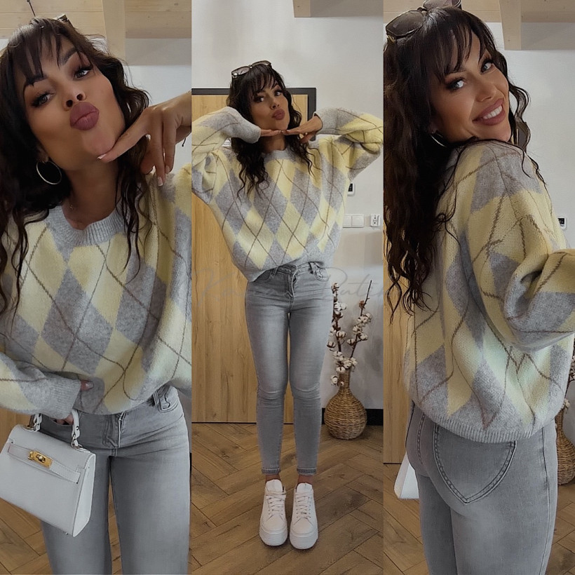 Sweterek Elsam Romby Cytrynowo&Jasnoszary