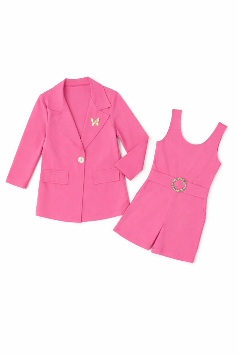 W Komplet Kombinezon Marynarka Broszka Motyl 0903-RÓŻ