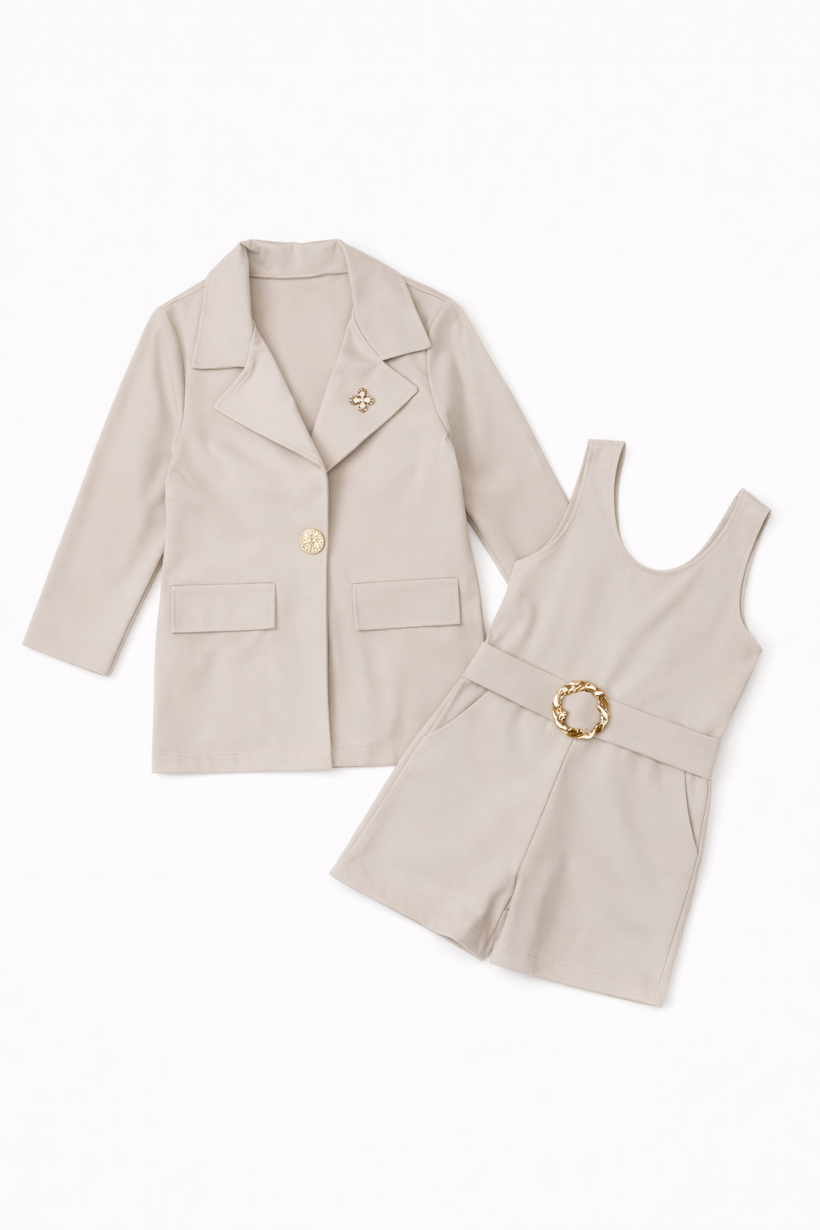 W Komplet Kombinezon Marynarka Broszka Kwiat 0903-BEŻ