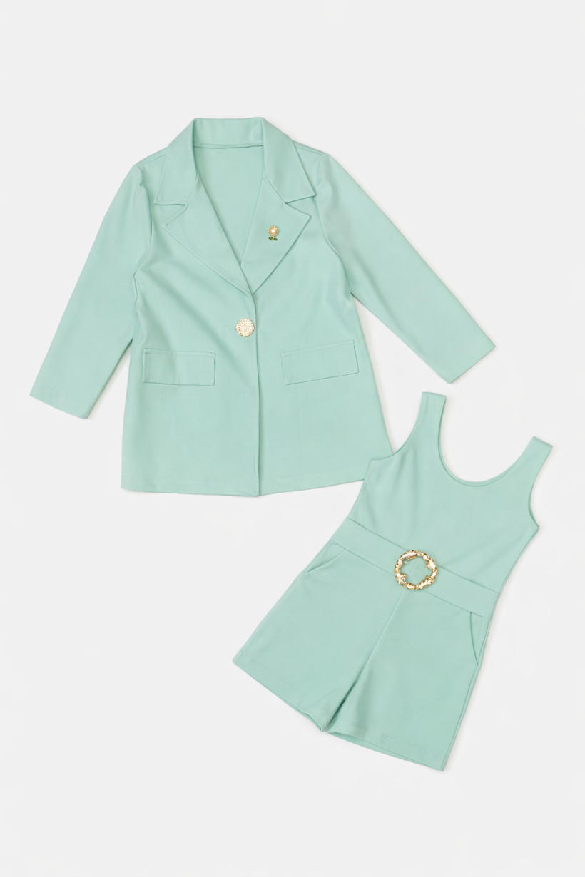 W Komplet Kombinezon Marynarka Broszka Słonecznik 0903-MIĘTA