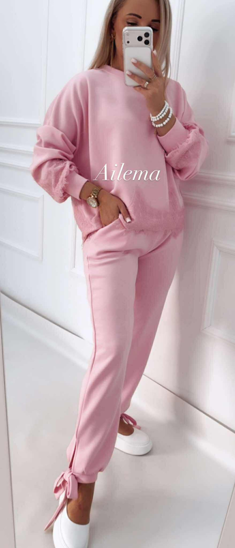 Komplet masełko Milano bluza z koronką KM62 spodnie wykończone wiązaniem 