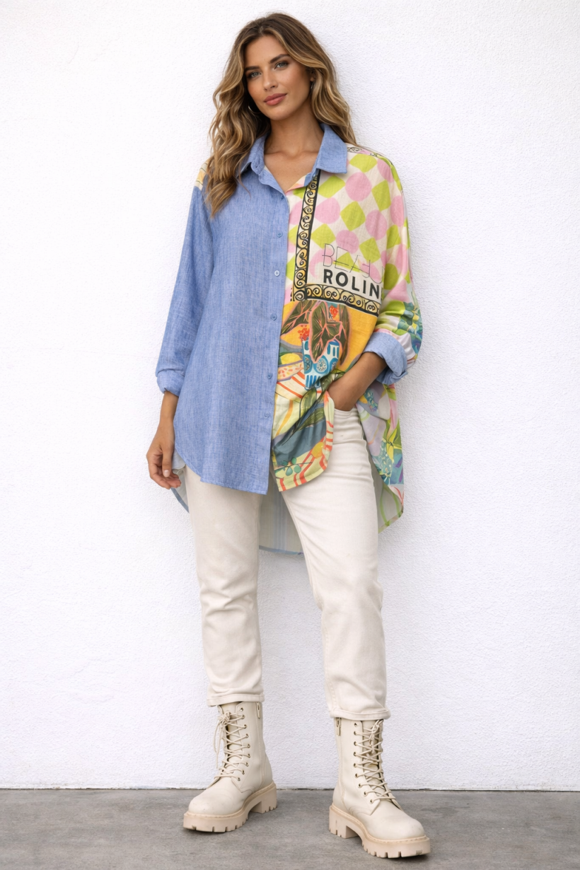 KOSZULA PRINT DŁUŻSZY TYŁ DŁUGI RĘKAW