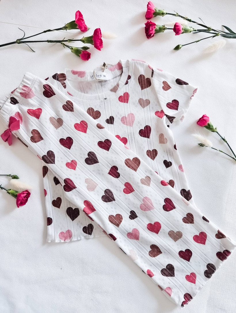 PIŻAMA SERDUSZKA SZEROKIE SPODNIE + KRÓTKI RĘKAW  BAWEŁNA AŻUROWA HELEN