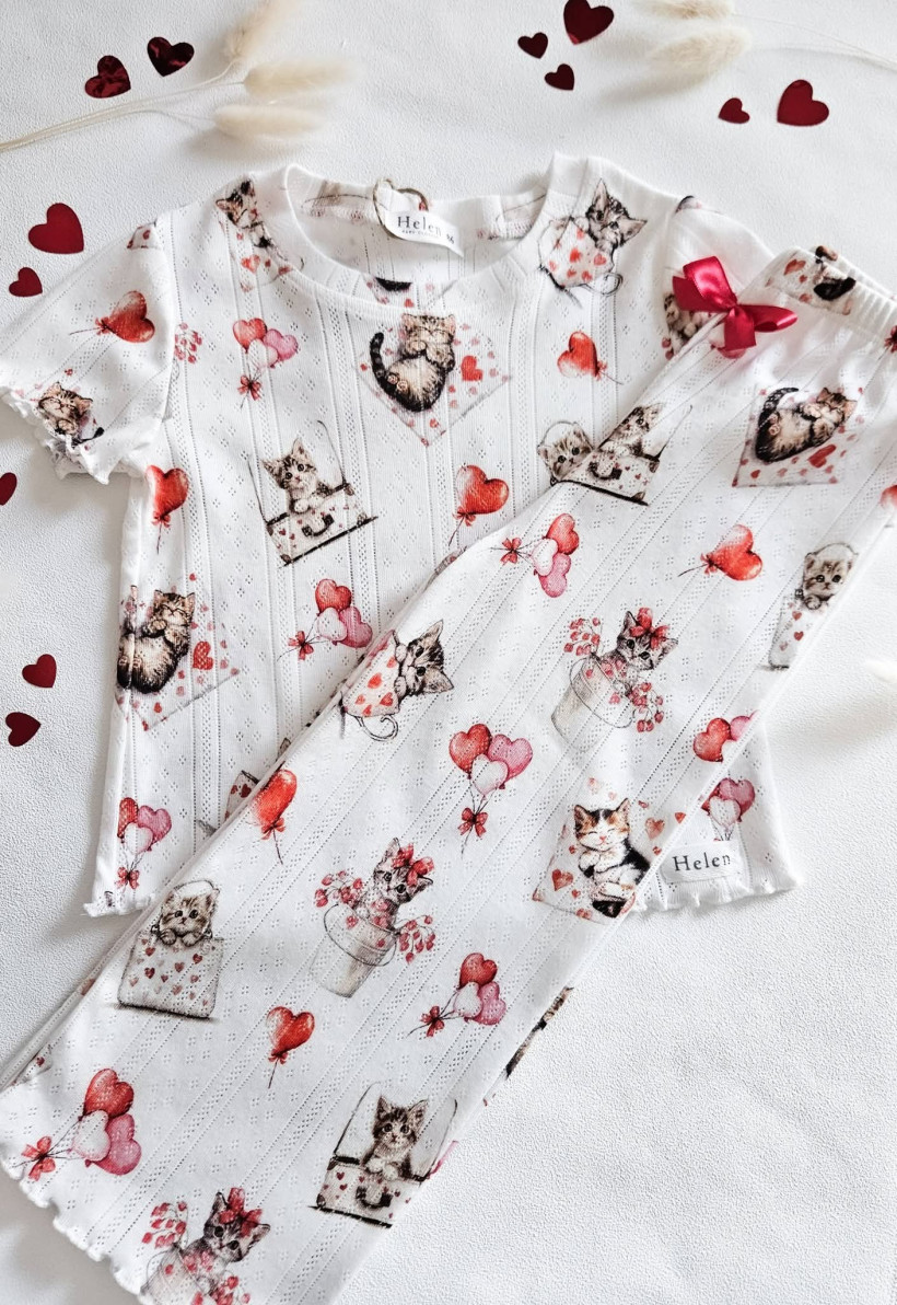 PIŻAMA ZAKOCHANE KOTKI SZEROKIE SPODNIE + KRÓTKI RĘKAW  BAWEŁNA AŻUROWA HELEN