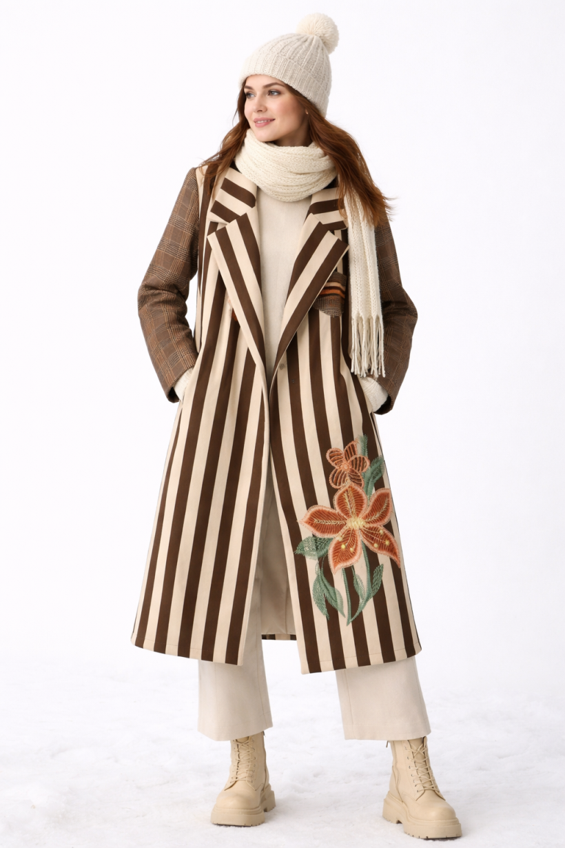 PŁASZCZ PASKI KWIATY