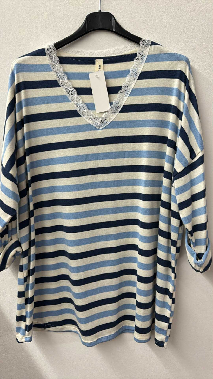 Italia nr.8 - Tunika w paski, wąska koronka przy dekolcie  - 23976 / 23975  - niebieski