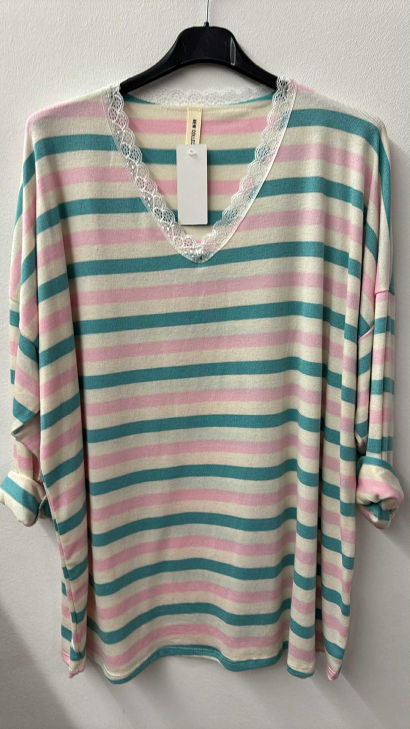 Italia nr.8 - Tunika w paski, wąska koronka przy dekolcie - 23976 / 23975 - turkus