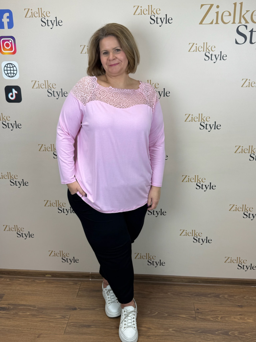 Italia nr 8 - Bluzka / tunika jednokolorowa z koronką - 28212 - różowy cukierek