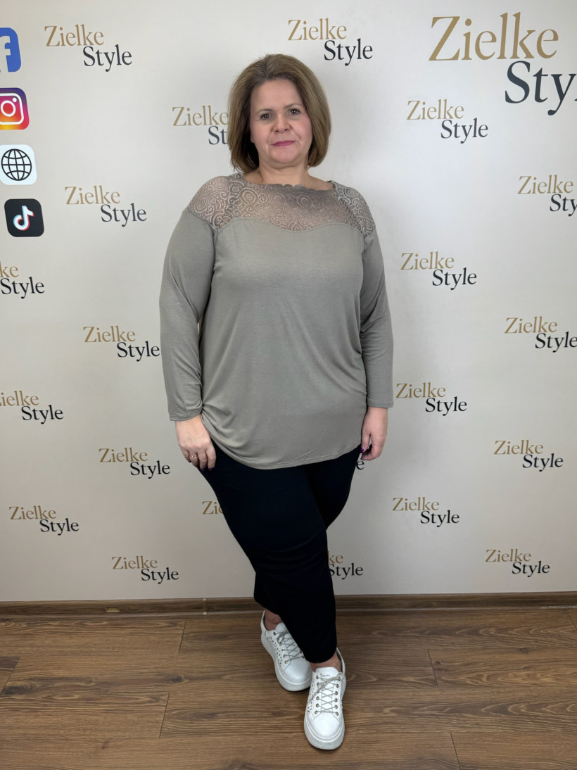 Italia nr 8 - Bluzka / tunika jednokolorowa z koronką - 28212 - fango