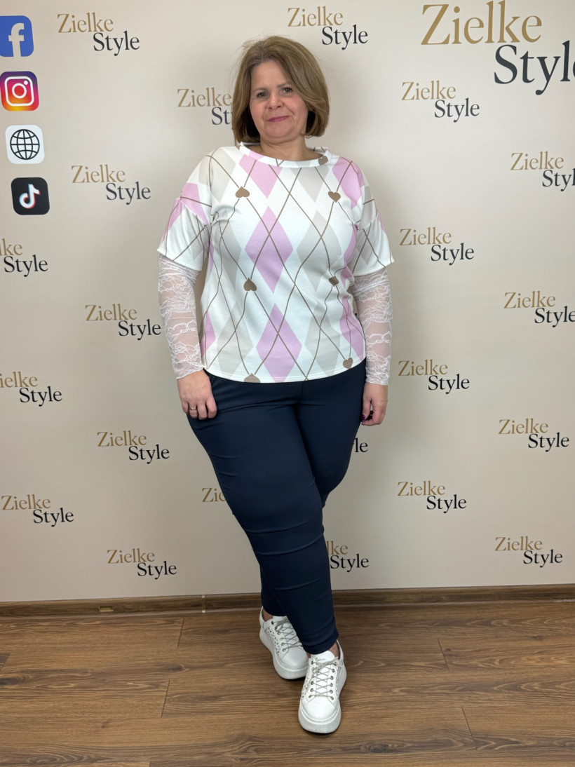 Italia nr.8 - Bluzka z koronkowymi rękawami, wzór romby z serduszkiem - 0084 -lila