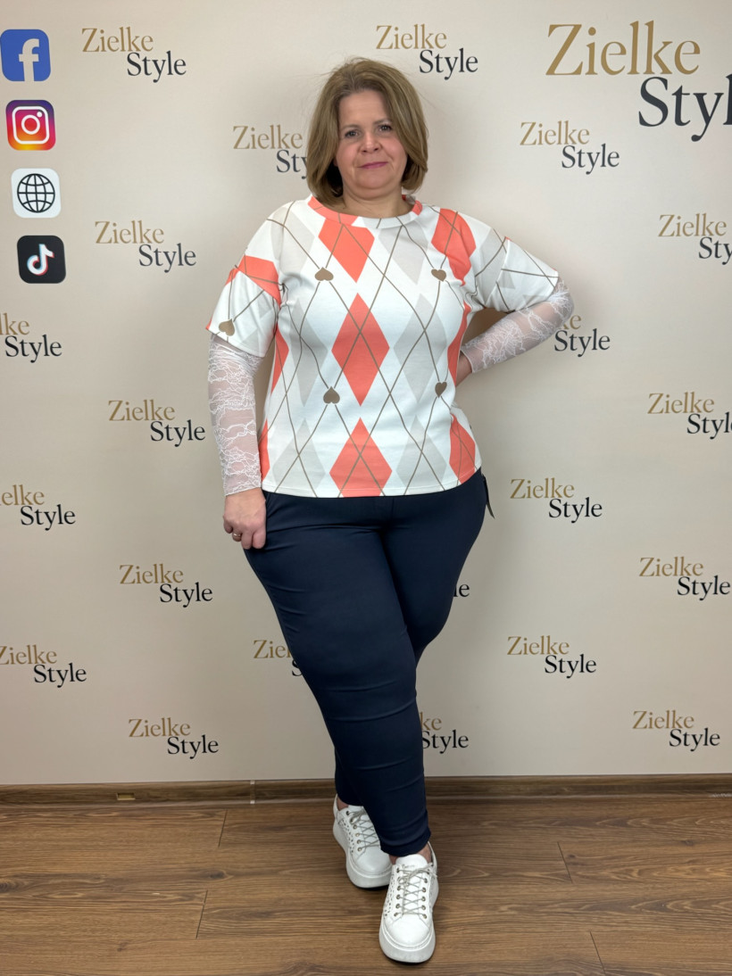 Italia nr.8 - Bluzka z koronkowymi rękawami, wzór romby z serduszkiem - 0084 - pomarańczowa