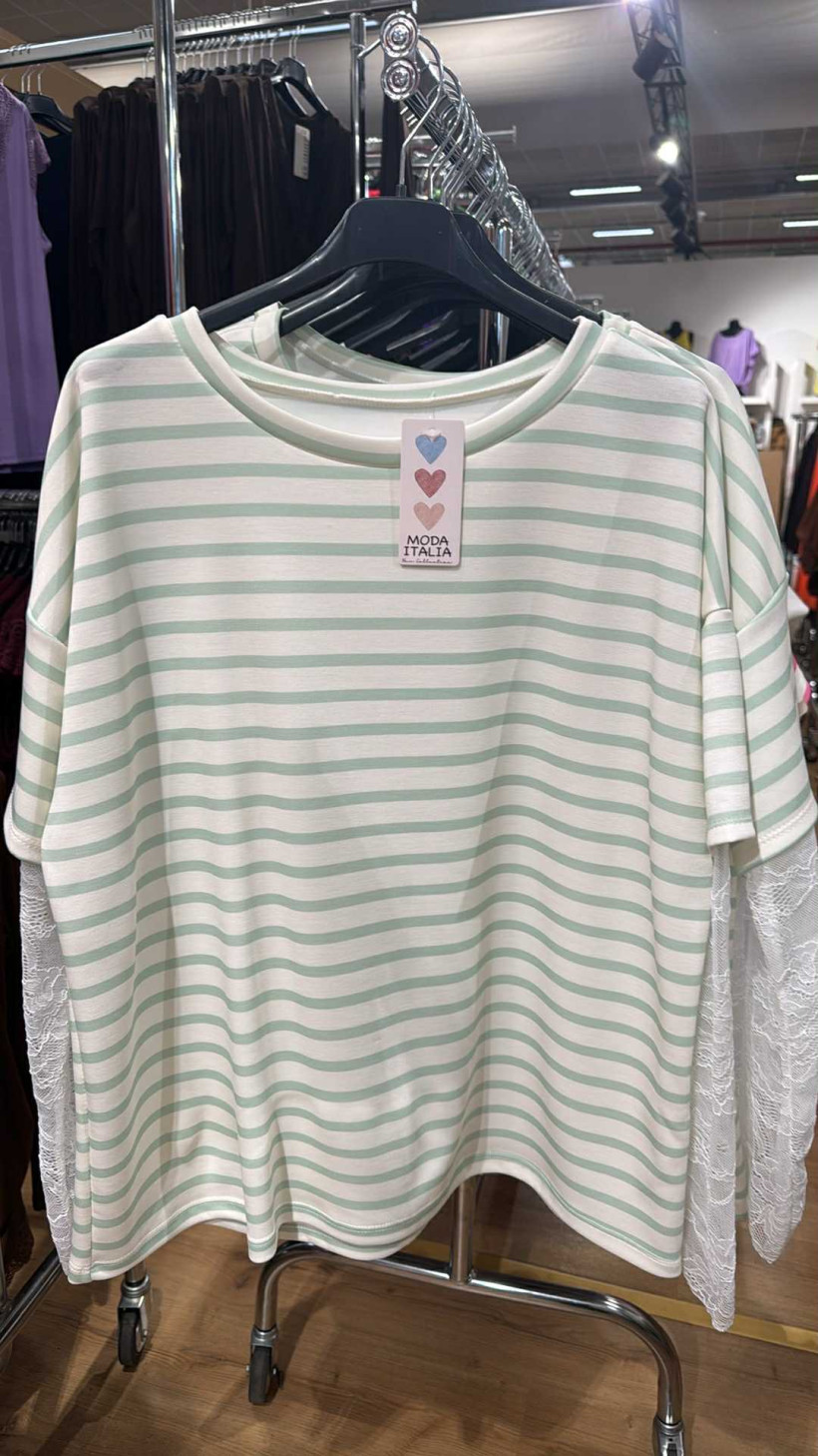 Italia nr.8 - Bluzka w paski z koronkowym rękawem Wł.P0084 - mięta