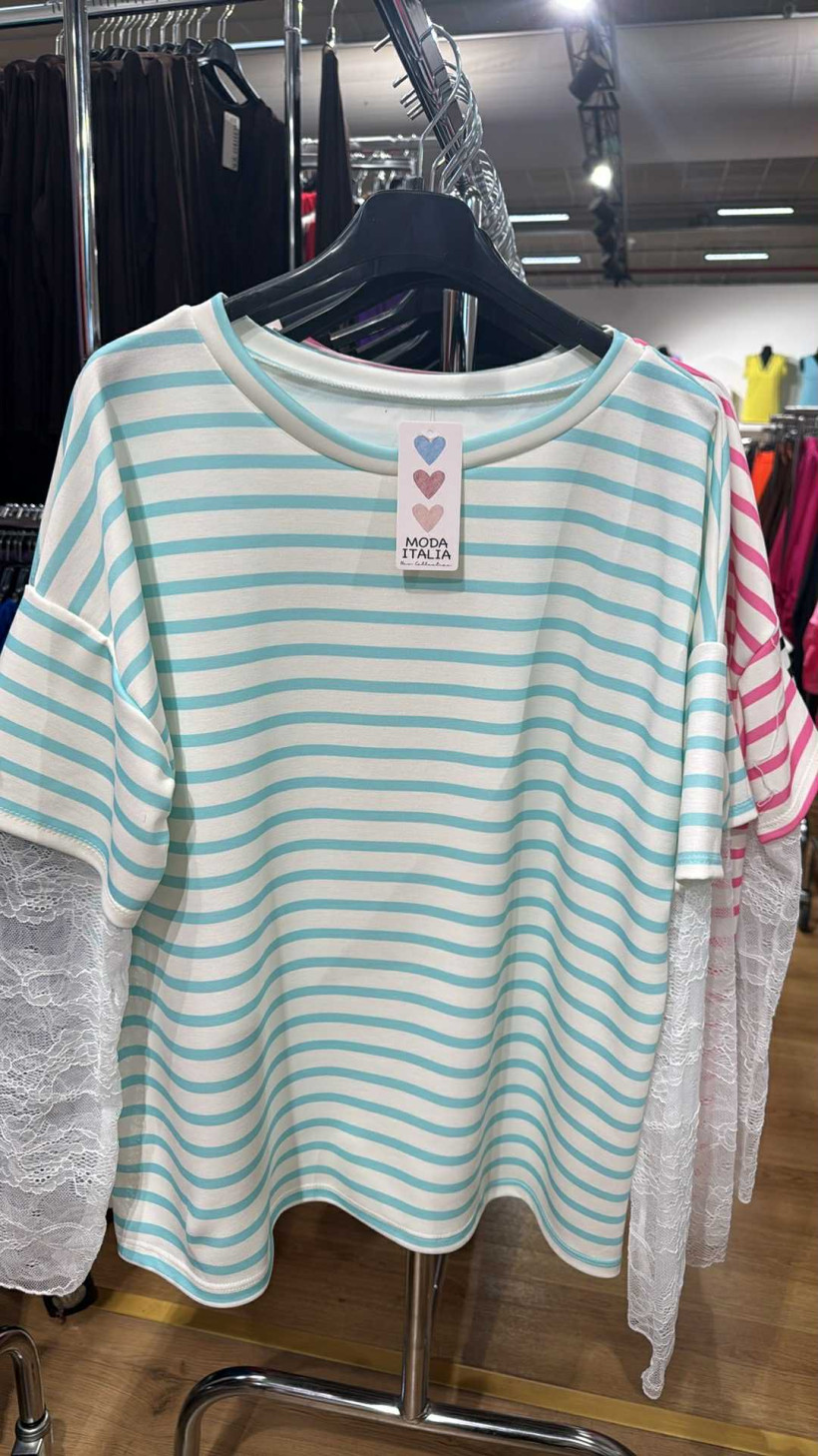 Italia nr.8 - Bluzka w paski z koronkowym rękawem Wł.P0084 - turkus