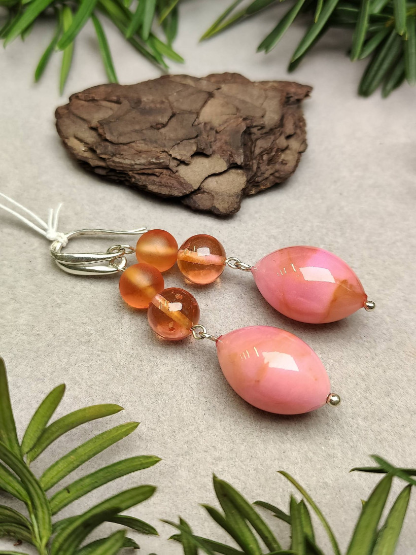 Naszyjnik z Różowym Bursztynem Bałtyckim, Pomarańczowe Koraliki, Srebrne Elementy, Unikatowa Biżuteria Handmade