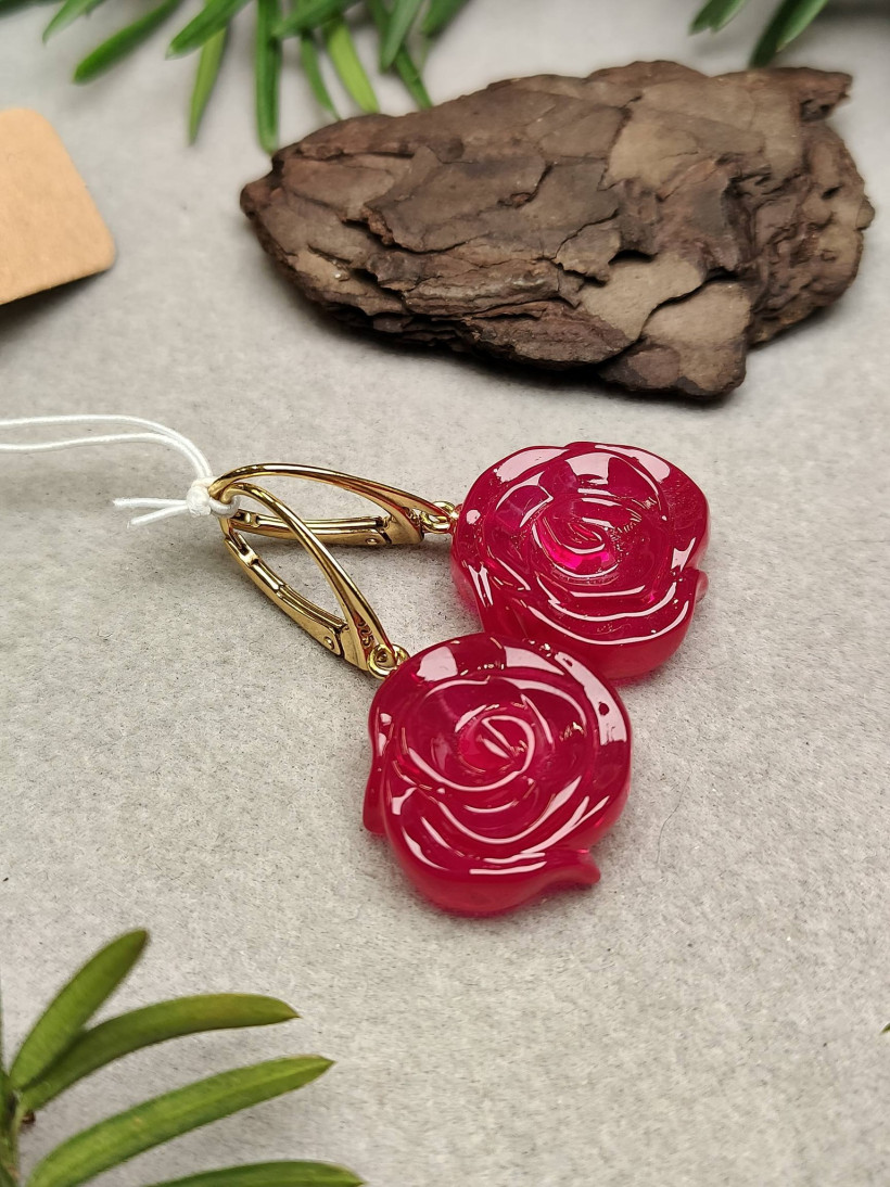 Kolczyki Wiszące Róża Bursztyn Bałtycki Złote Bigle Ręcznie Robione Unikat