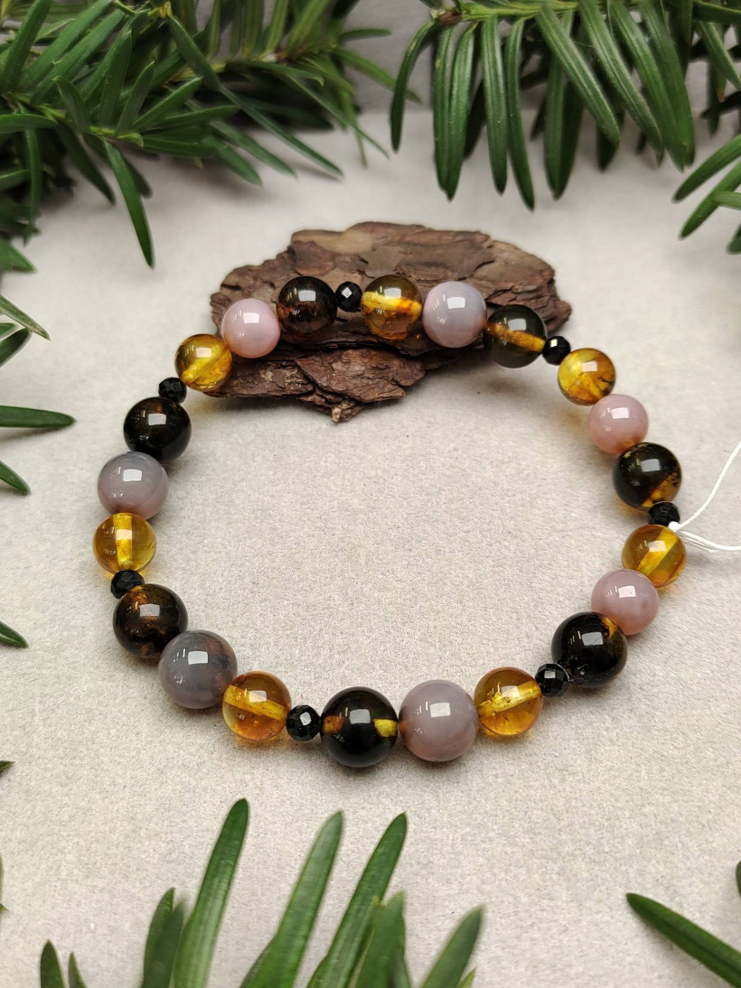 Bransoletka Wielobarwny Bursztyn Bałtycki Różowe Żółte Czarne Koraliki Handmade Malbork