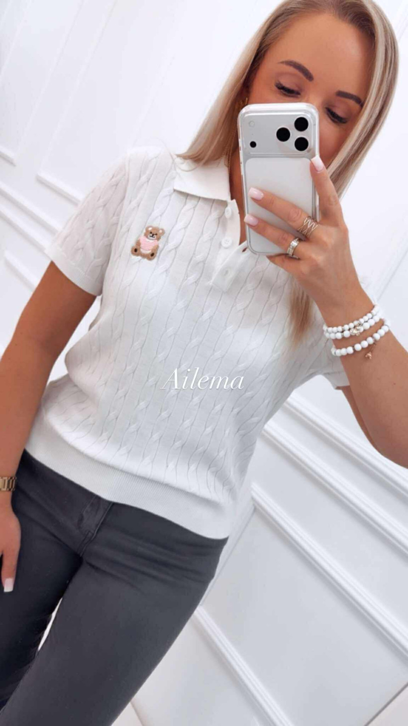 WYPRZEDAŻ Sweter warkocz Jean Louis Francoise z krótkim rękawem GB67330 z kołnierzykiem haftowany miś