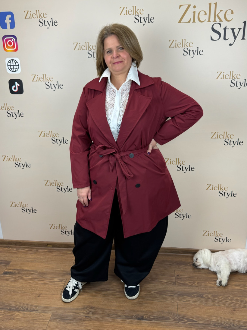 Italia nr 8 - Płaszczyk trencz dwurzędowy, jednokolorowy wiązany - 36692 - bordo