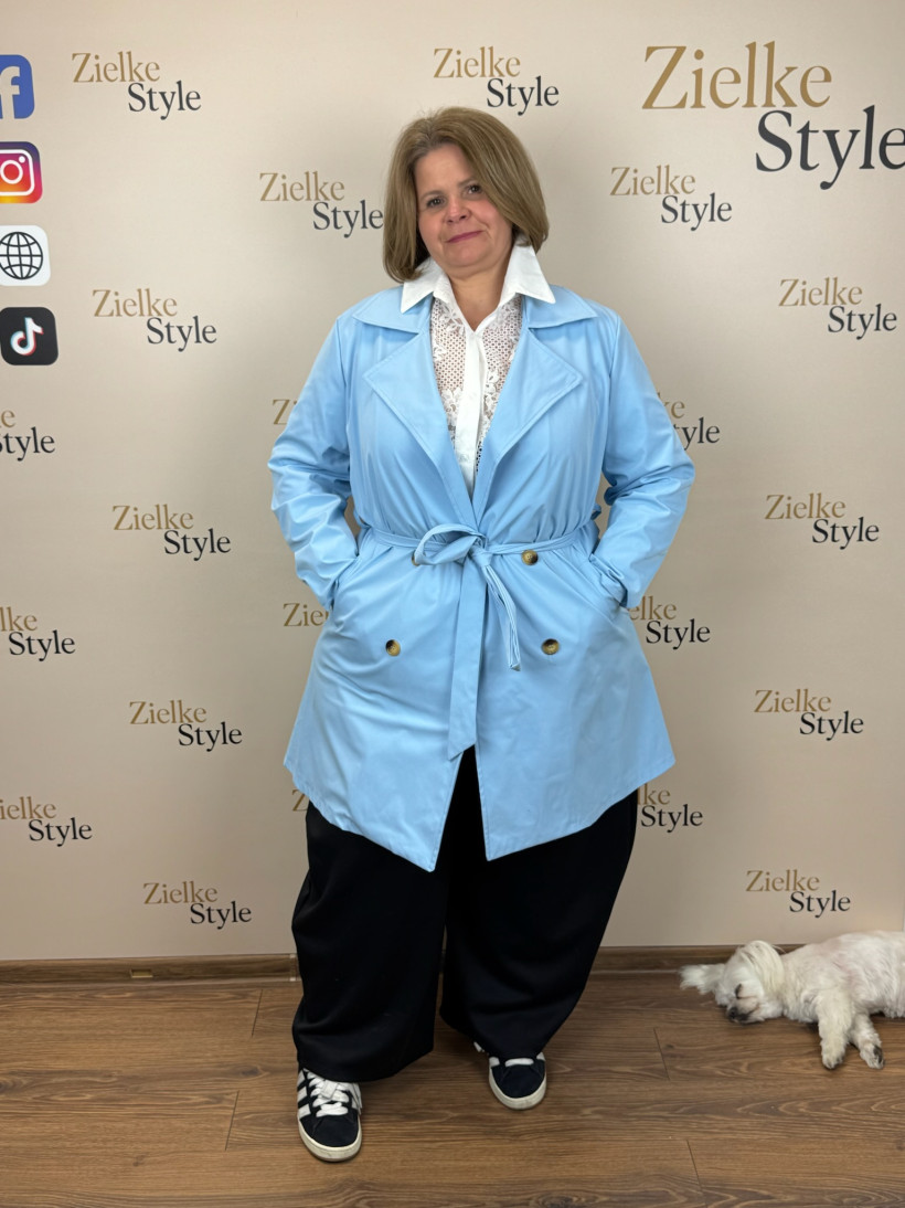 Italia nr 8 - Płaszczyk trencz dwurzędowy, jednokolorowy wiązany - 36692 - błękitny